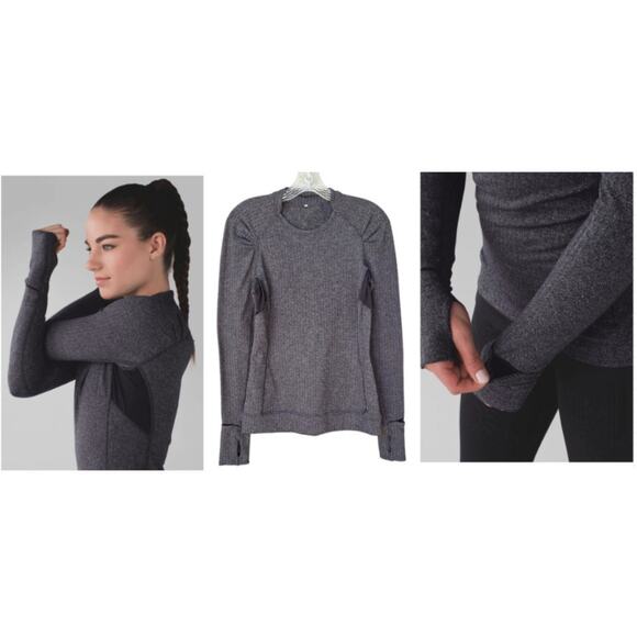 Lululemon Think Fast Long Sleeve Rulu Top Heathered Herringbone Gray Black Sz 6 - Picture 1 of 13
